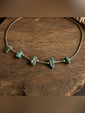 Vintage Sterling Silver Turquoise Nugget Necklace 16” Southwestern Boho Western